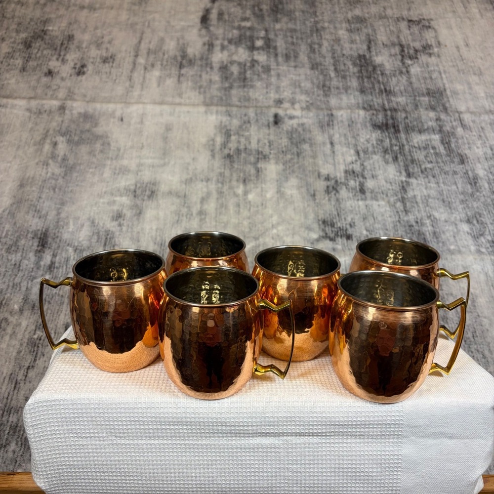 Set of 6 ODI Hammered Copper Moscow Mule Mugs Stainless Steel Lined Brass Handle